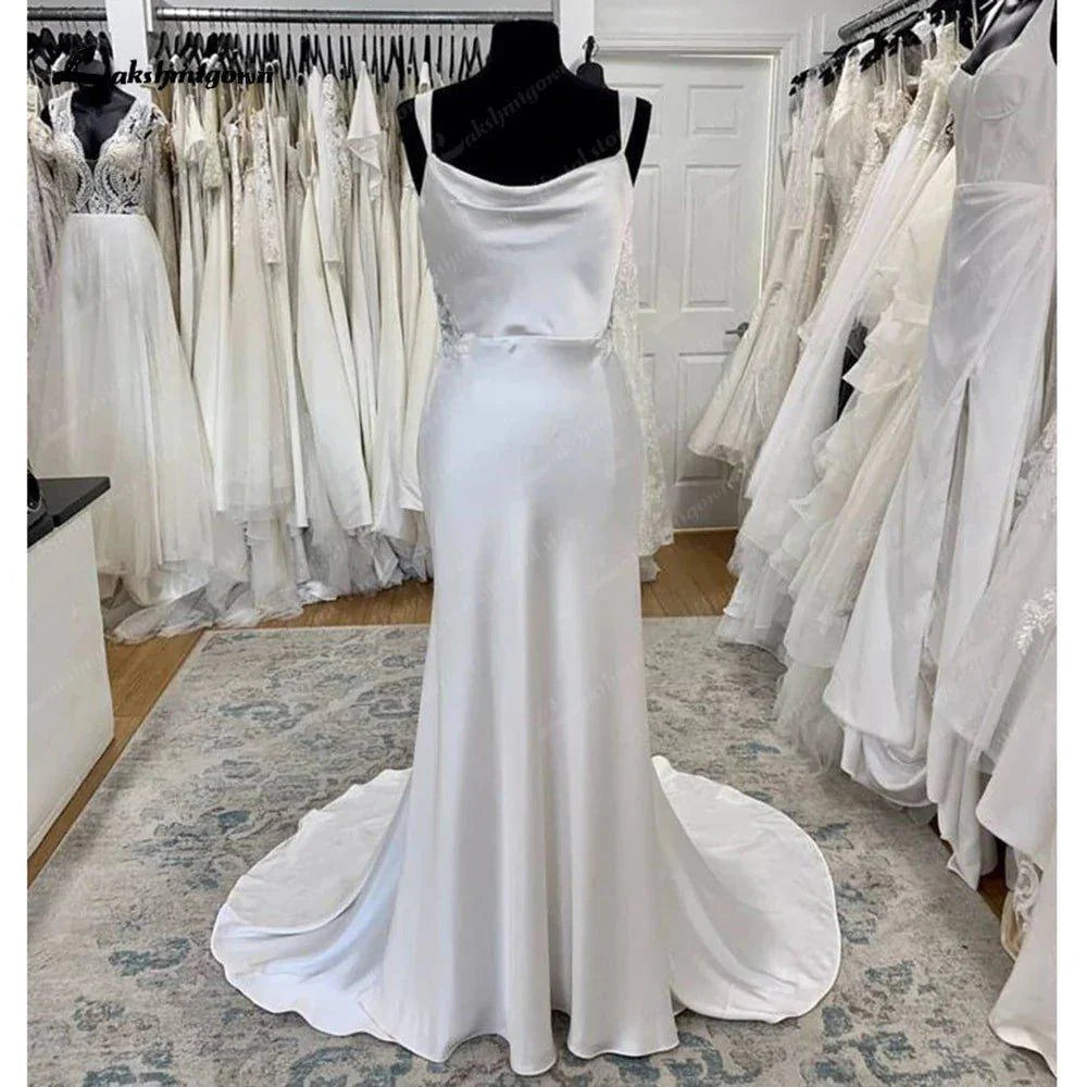 NumberSea Ivory Mermaid Wedding Dress Satin Pleat Bride Dresses Appliques Beach Boho Wedding Party Dress