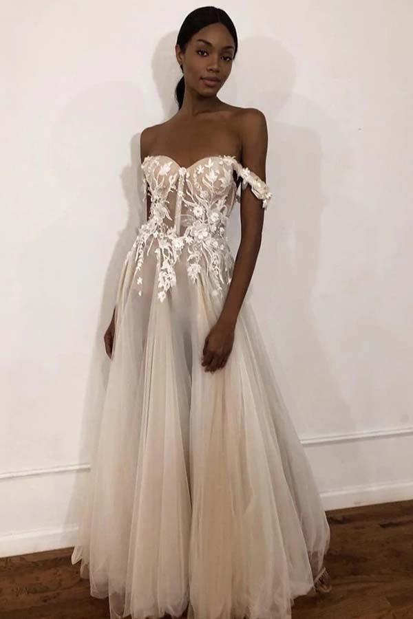 NumberSea Ivory Off Shoulder Sweetheart Long Wedding Dresses with Lace Appliques, MW708