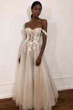 NumberSea Ivory Off Shoulder Sweetheart Long Wedding Dresses with Lace Appliques, MW708