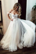 NumberSea Ivory Off Shoulder Sweetheart Long Wedding Dresses with Lace Appliques, MW708