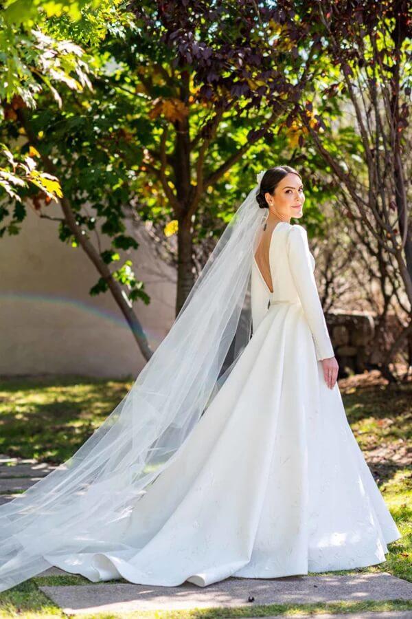 NumberSea Ivory Satin A-line Long Sleeves Embroidery Modest Wedding Dresses, MW835
