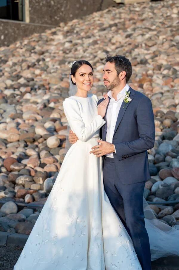 NumberSea Ivory Satin A-line Long Sleeves Embroidery Modest Wedding Dresses, MW835