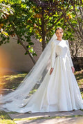 NumberSea Ivory Satin A-line Long Sleeves Embroidery Modest Wedding Dresses, MW835