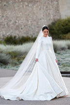 NumberSea Ivory Satin A-line Long Sleeves Embroidery Modest Wedding Dresses, MW835