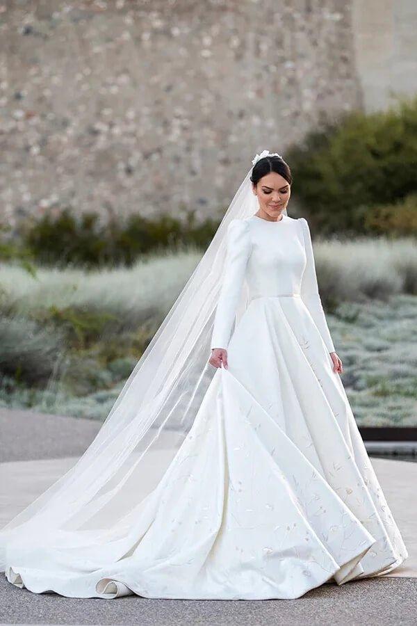 NumberSea Ivory Satin A-line Long Sleeves Embroidery Modest Wedding Dresses, MW835