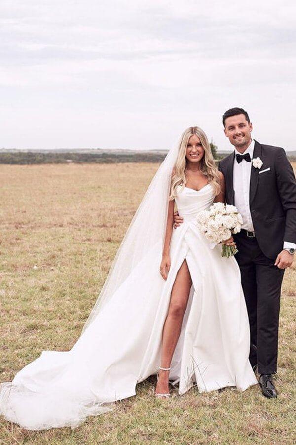 NumberSea Ivory Satin A-line Strapless Court Train Wedding Dresses With Thigh Slit, MW674