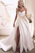 NumberSea Ivory Satin A-line Strapless Court Train Wedding Dresses With Thigh Slit, MW674