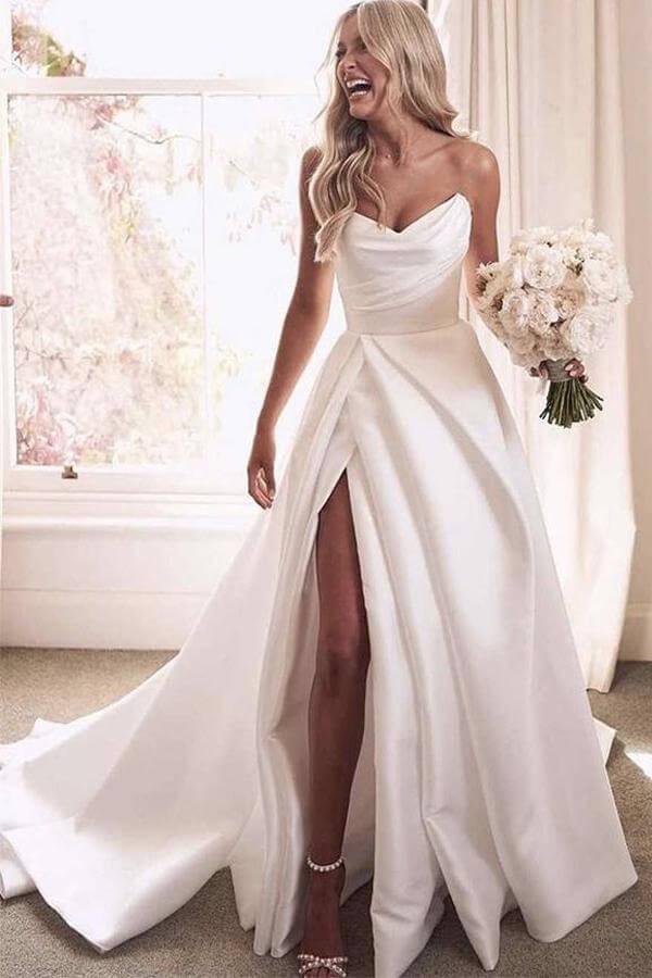 NumberSea Ivory Satin A-line Strapless Court Train Wedding Dresses With Thigh Slit, MW674