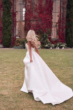 NumberSea Ivory Satin A-line Strapless Court Train Wedding Dresses With Thigh Slit, MW674