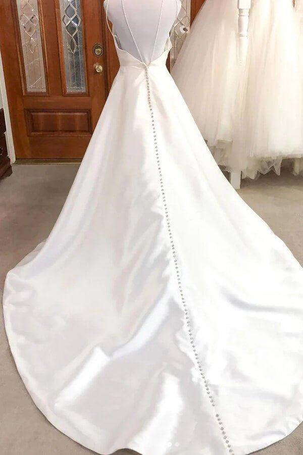 NumberSea Ivory Satin A-line V-neck Spaghetti Straps Wedding Dresses, Bridal Gown, MW851