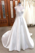 NumberSea Ivory Satin A-line V-neck Spaghetti Straps Wedding Dresses, Bridal Gown, MW851
