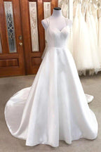 NumberSea Ivory Satin A-line V-neck Spaghetti Straps Wedding Dresses, Bridal Gown, MW851