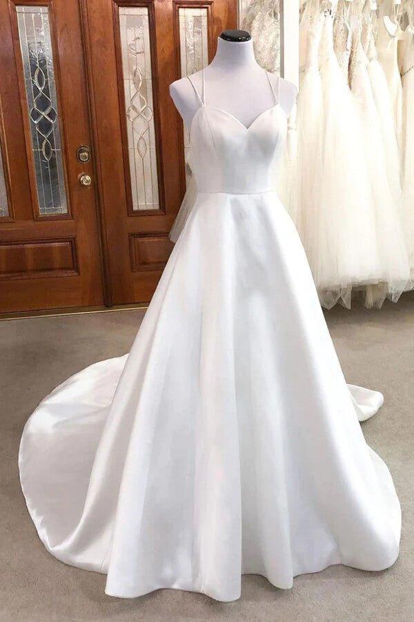 NumberSea Ivory Satin A-line V-neck Spaghetti Straps Wedding Dresses, Bridal Gown, MW851
