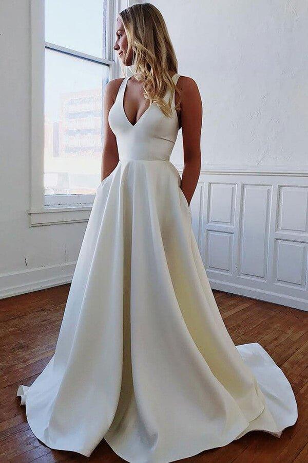 NumberSea Ivory Satin A-line V-neck Wedding Dresses with Pockets, Bridal Gowns, MW680