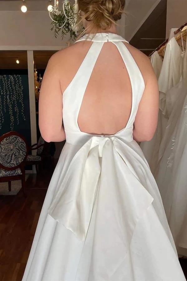 NumberSea Ivory Satin Deep V-neck Wedding Dresses With Pockets, Bridal Gowns, MW895