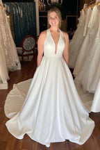 NumberSea Ivory Satin Deep V-neck Wedding Dresses With Pockets, Bridal Gowns, MW895