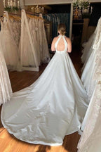 NumberSea Ivory Satin Deep V-neck Wedding Dresses With Pockets, Bridal Gowns, MW895
