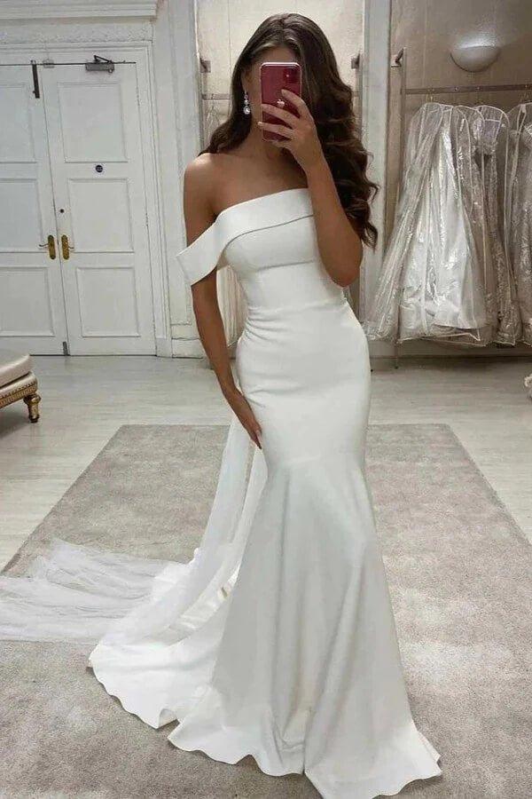 NumberSea Ivory Satin Mermaid Off-the-Shoulder Simple Wedding Dress, Bridal Gown