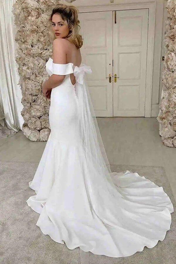 NumberSea Ivory Satin Mermaid Off-the-Shoulder Simple Wedding Dress, Bridal Gown