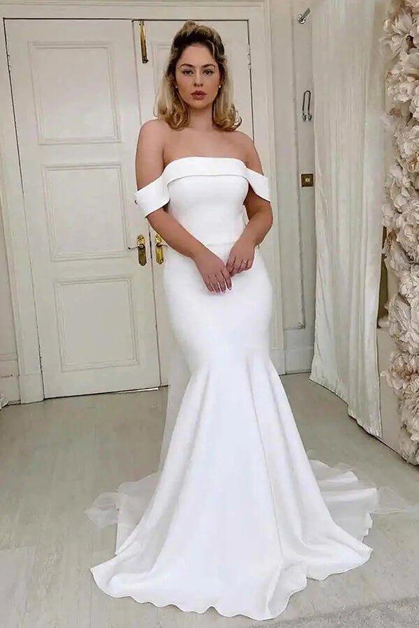 NumberSea Ivory Satin Mermaid Off-the-Shoulder Simple Wedding Dress, Bridal Gown