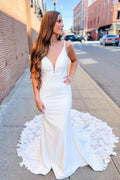 NumberSea Ivory Satin Mermaid V-neck Lace Wedding Dresses With Court Train, MW907