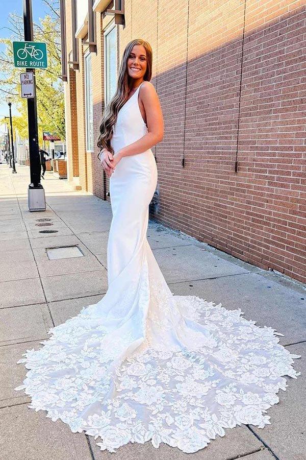 NumberSea Ivory Satin Mermaid V-neck Lace Wedding Dresses With Court Train, MW907