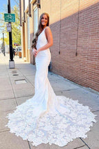 NumberSea Ivory Satin Mermaid V-neck Lace Wedding Dresses With Court Train, MW907