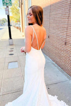 NumberSea Ivory Satin Mermaid V-neck Lace Wedding Dresses With Court Train, MW907