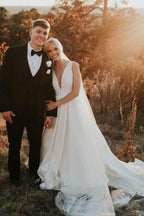 NumberSea Ivory Satin Simple A-line V-neck Wedding Dresses, Elegant Bridal Gown, MW545