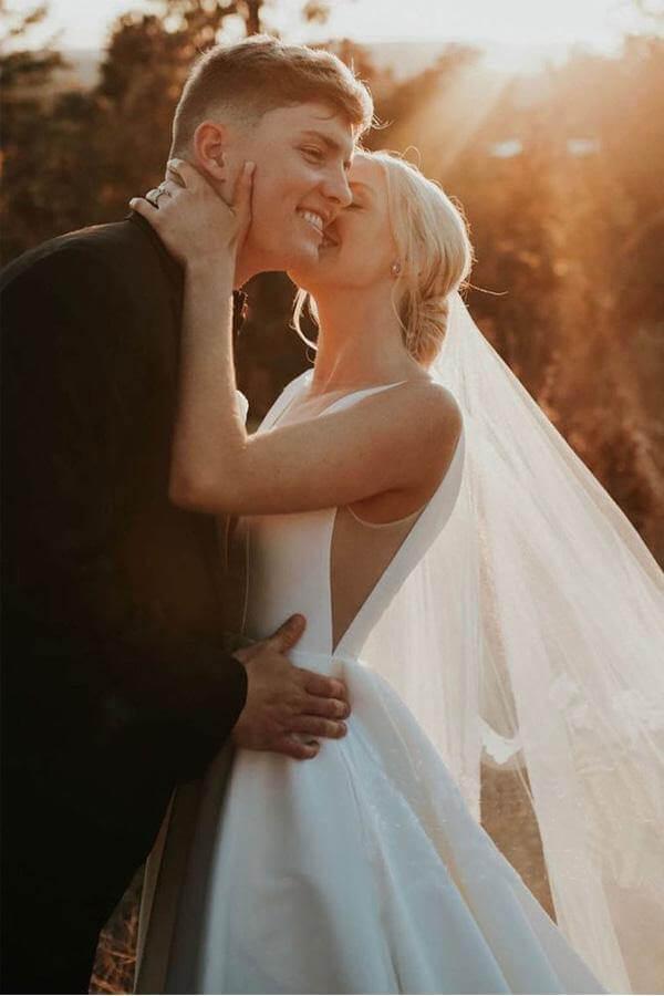 NumberSea Ivory Satin Simple A-line V-neck Wedding Dresses, Elegant Bridal Gown, MW545