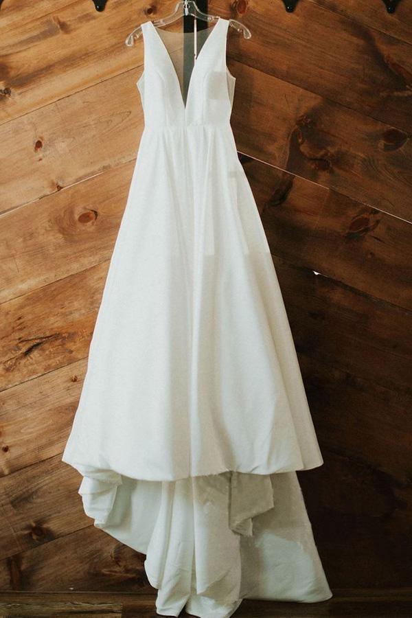NumberSea Ivory Satin Simple A-line V-neck Wedding Dresses, Elegant Bridal Gown, MW545
