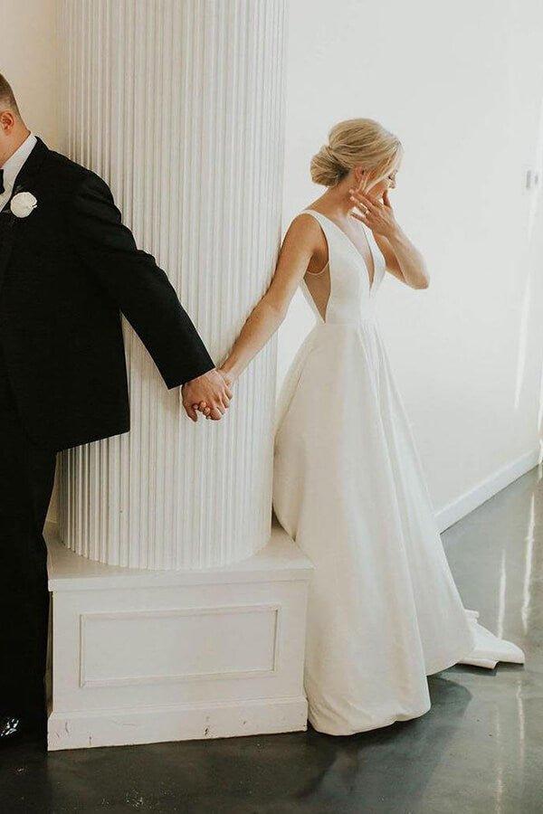 NumberSea Ivory Satin Simple A-line V-neck Wedding Dresses, Elegant Bridal Gown, MW545
