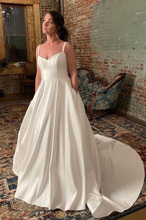 NumberSea Ivory Satin Spaghetti Straps Simple Wedding Dresses With Court Train, MW848