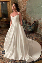 NumberSea Ivory Satin Spaghetti Straps Simple Wedding Dresses With Court Train, MW848