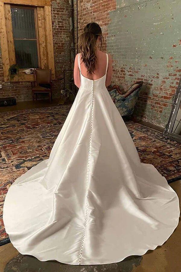 NumberSea Ivory Satin Spaghetti Straps Simple Wedding Dresses With Court Train, MW848