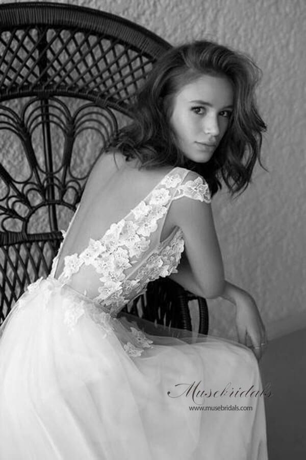 NumberSea Ivory See-through Cap Sleeves Boho Wedding Dresses, Beach Wedding Dress