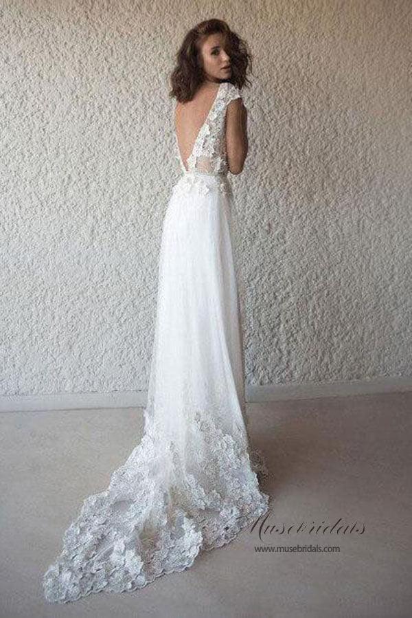 NumberSea Ivory See-through Cap Sleeves Boho Wedding Dresses, Beach Wedding Dress