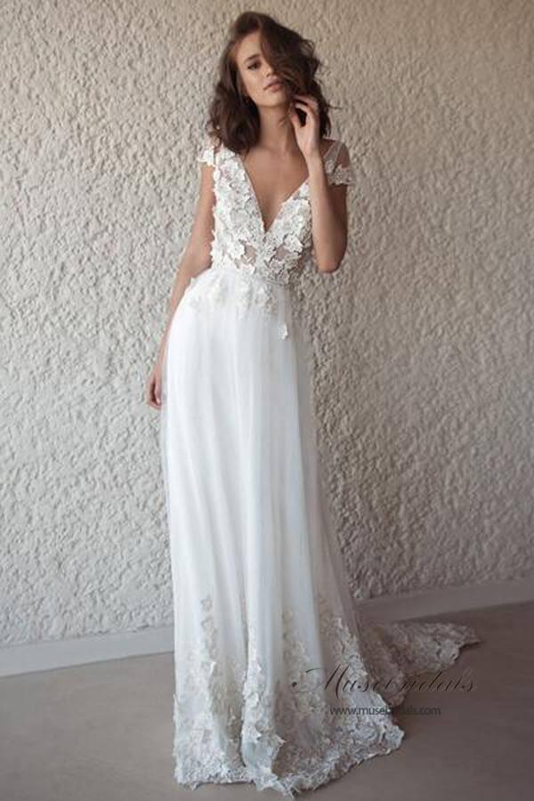 NumberSea Ivory See-through Cap Sleeves Boho Wedding Dresses, Beach Wedding Dress