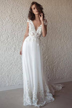 NumberSea Ivory See-through Cap Sleeves Boho Wedding Dresses, Beach Wedding Dress