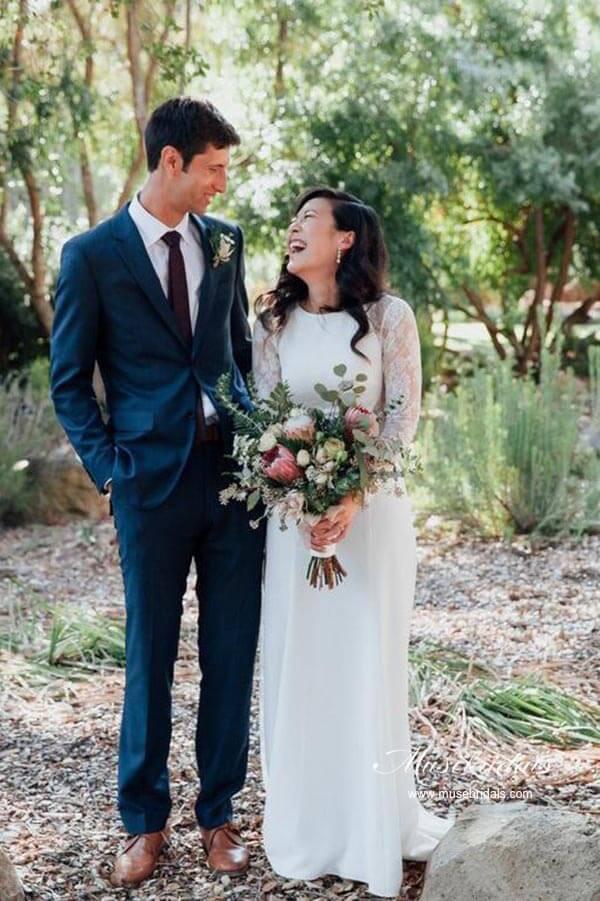 NumberSea Ivory Sheath Satin Long Sleeves Rustic Wedding Dresses, Bridal Dress, MW963