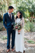 NumberSea Ivory Sheath Satin Long Sleeves Rustic Wedding Dresses, Bridal Dress, MW963