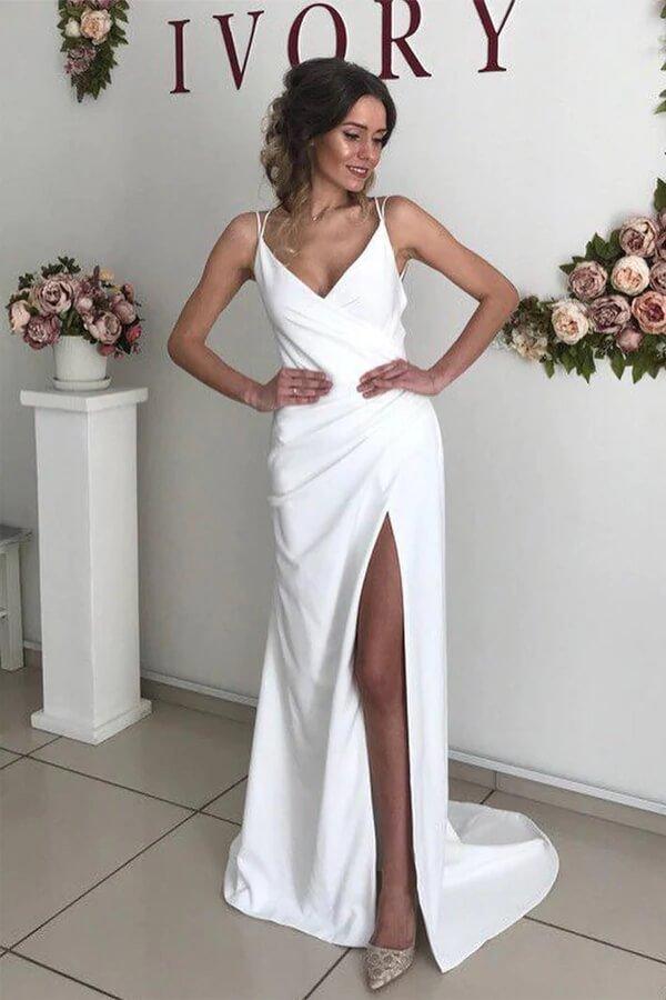 NumberSea Ivory Sheath V-neck Backless Spaghetti Straps Wedding Dresses with Slit, MW710