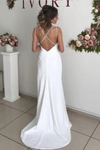 NumberSea Ivory Sheath V-neck Backless Spaghetti Straps Wedding Dresses with Slit, MW710