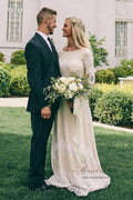 NumberSea Ivory Tulle A-line Long Sleeves Bateau Wedding Dresses with Lace Appliques, MW556