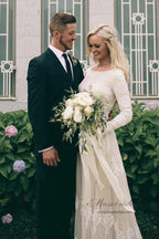 NumberSea Ivory Tulle A-line Long Sleeves Bateau Wedding Dresses with Lace Appliques, MW556