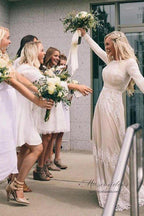 NumberSea Ivory Tulle A-line Long Sleeves Bateau Wedding Dresses with Lace Appliques, MW556