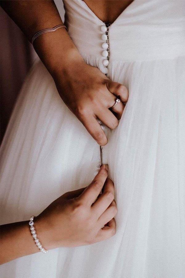 NumberSea Ivory Tulle A-line Modest Backless Wedding Dresses, Simple Wedding Gown, MW861