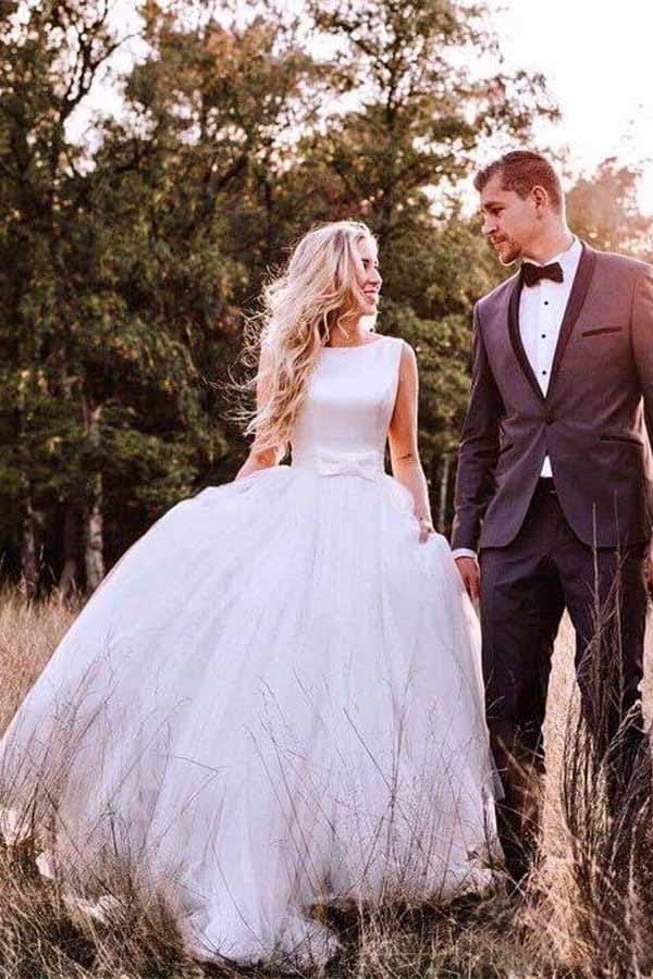 NumberSea Ivory Tulle A-line Modest Backless Wedding Dresses, Simple Wedding Gown, MW861