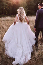 NumberSea Ivory Tulle A-line Modest Backless Wedding Dresses, Simple Wedding Gown, MW861