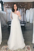 NumberSea Ivory Tulle A-line Scoop Long Sleeves Beaded Bohemian Wedding Dresses, MW859